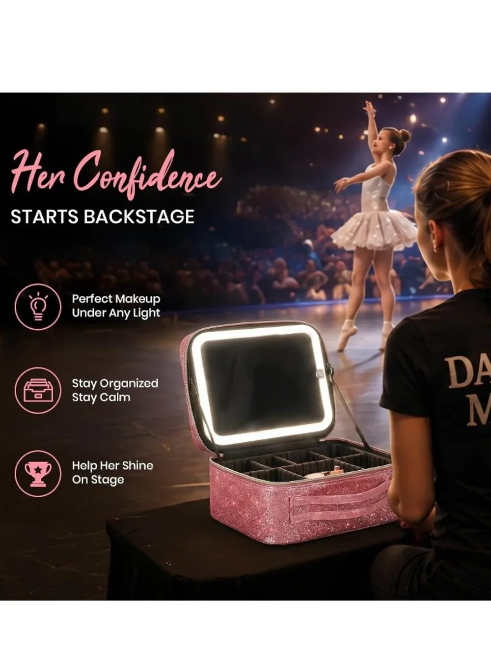 Lighted Cosmetic Case with 3 Light Modes and Adjustable Dividers